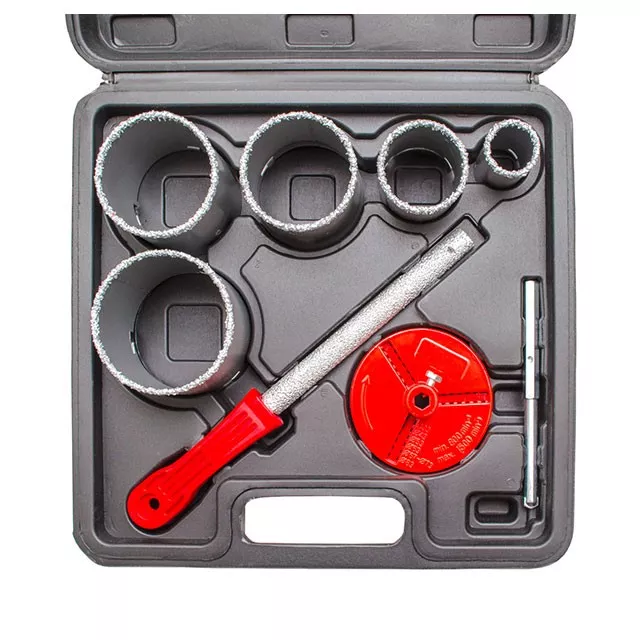 2-08-005 Набор корончатых сверл для плитки 5 шт 33-83 мм, вольфрамовое напыление + напильник, чемодан GRANITE