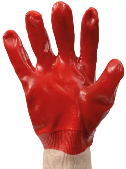 83-0501 Перчатки кислотостойкие, х/б трикотаж, полное ПВХ покрытие, вязаный манжет (красные),10,5",123-127 г