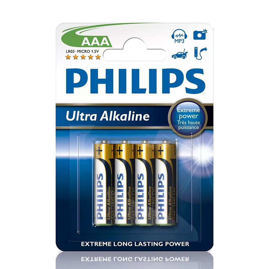 Батарейка PHILIPS лужна циліндрична тип 1.5V ААА ULTRA ALKALINE (у блиску - 4 шт) (LR03E4B/10)