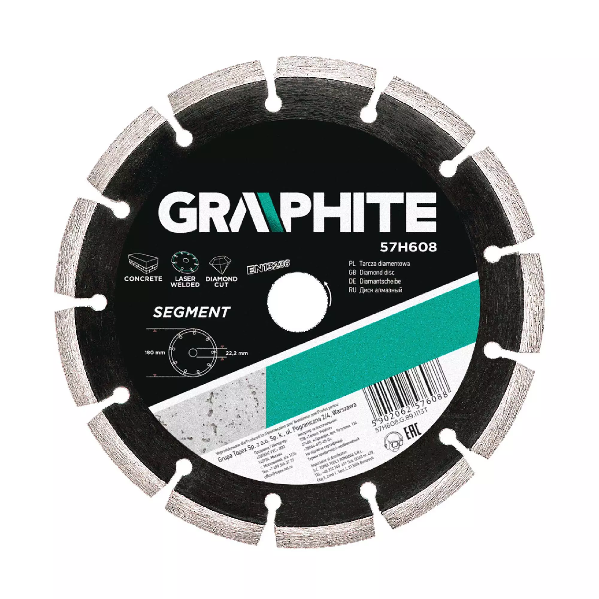 Диск алмазный GRAPHITE 180 х 22.2 мм, лазерная сварка сегментов (57H608)