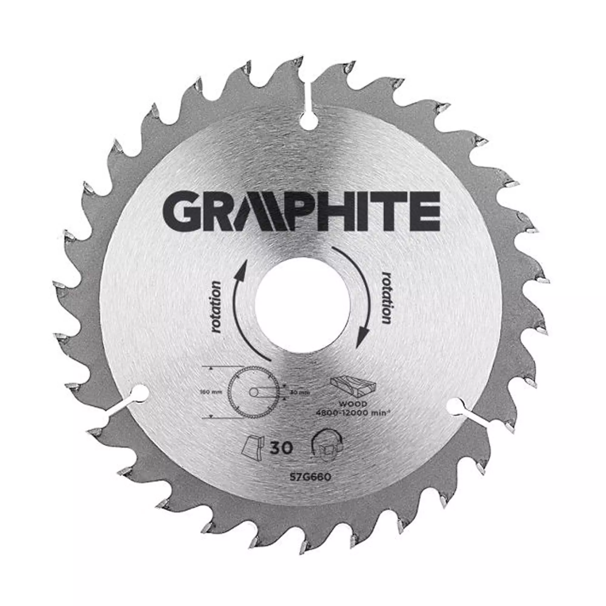 Диск відрізний GRAPHITE 160 x 30 мм, 30 зубів (57H660) Диск відрізний GRAPHITE 160 x 30 мм, 30 зубів (57H660)