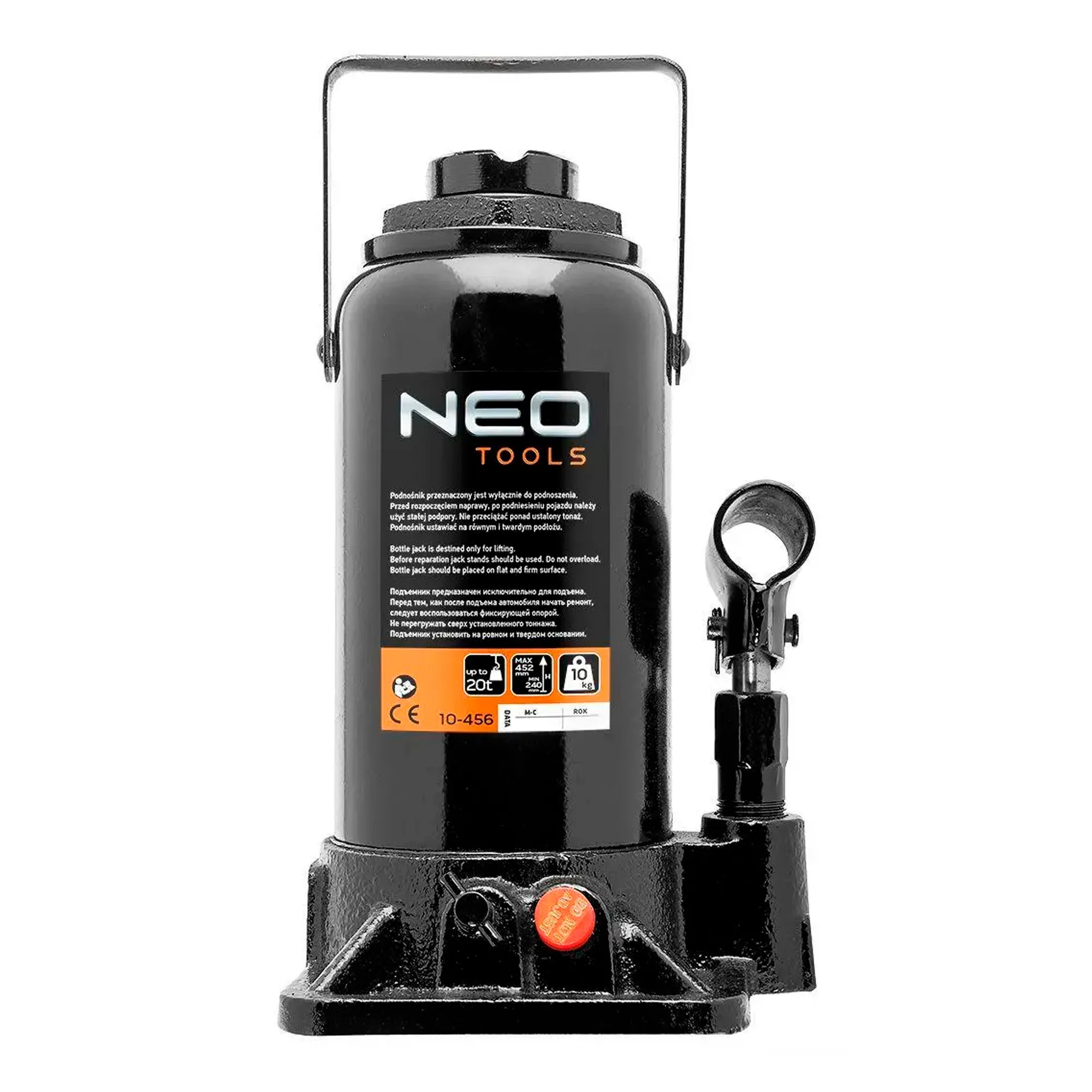 Домкрат NEO TOOLS гидравлический бутылочный 20 т 240-452 мм (10-456) Домкрат NEO TOOLS гидравлический бутылочный 20 т 240-452 мм (10-456)