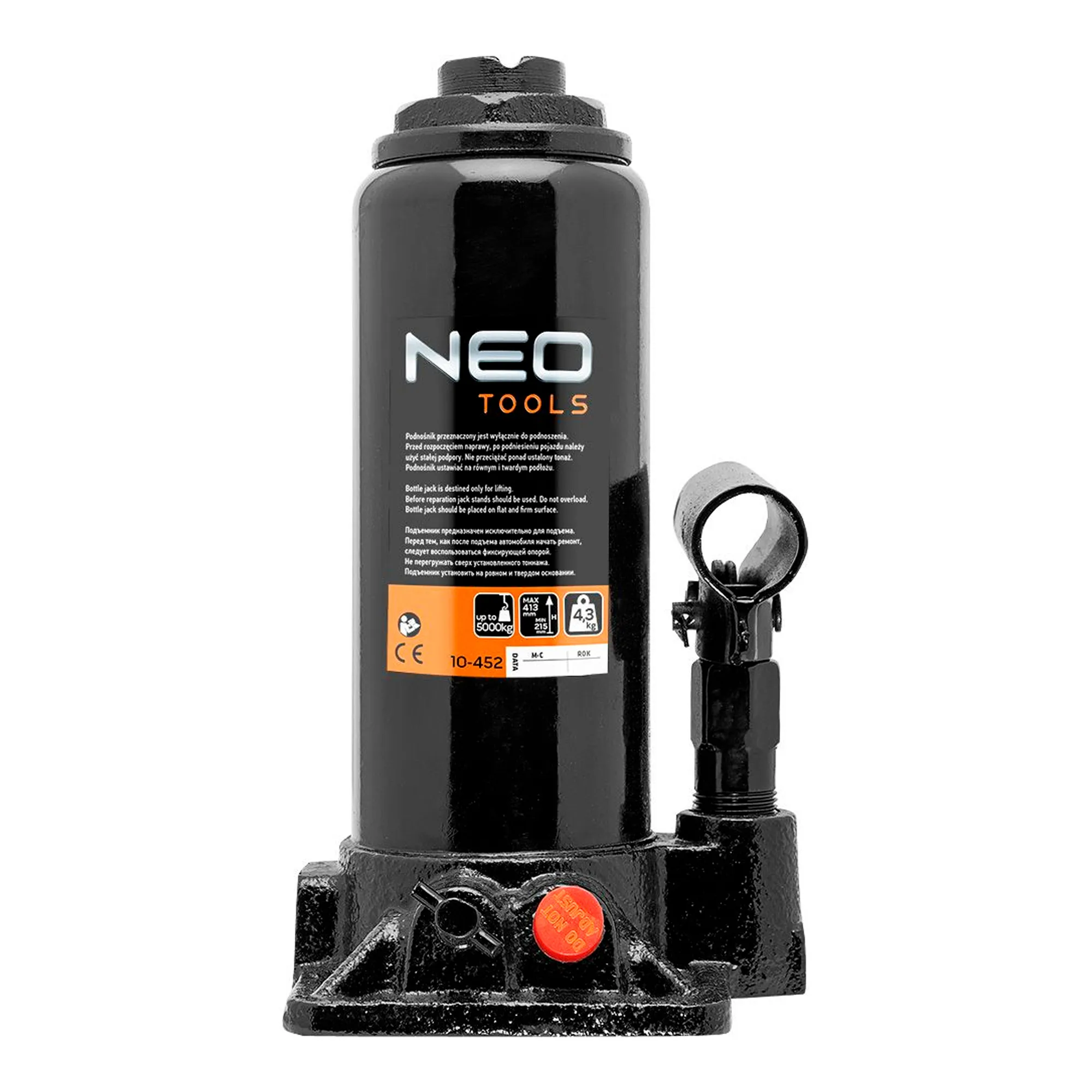 Домкрат NEO TOOLS гідравлічний пляшковий 5 т 215-413 мм (10-452) Домкрат NEO TOOLS гідравлічний пляшковий 5 т 215-413 мм (10-452)