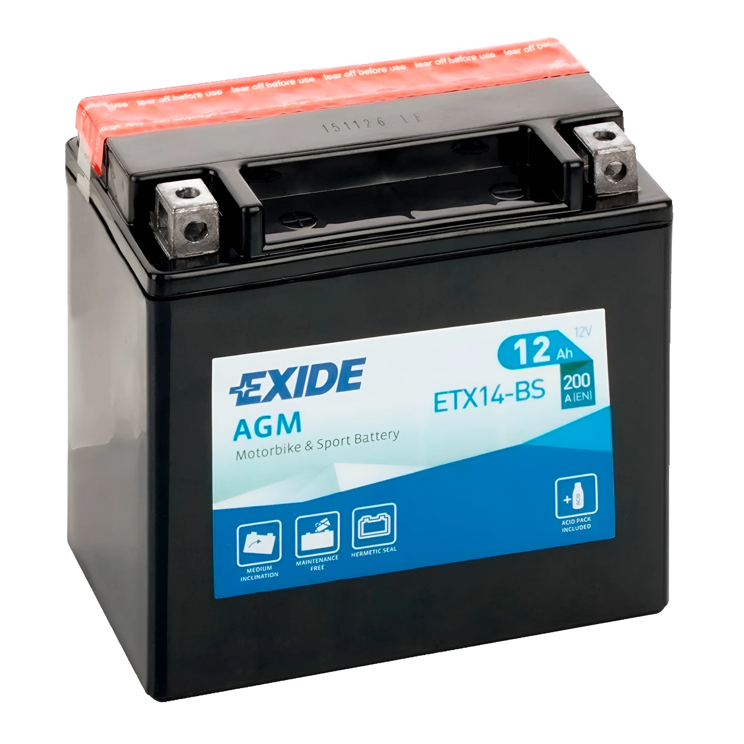Мото аккумулятор EXIDE AGM 6СТ-12Ah Аз 12В 200А (EN) ETX14-BS (73042)
