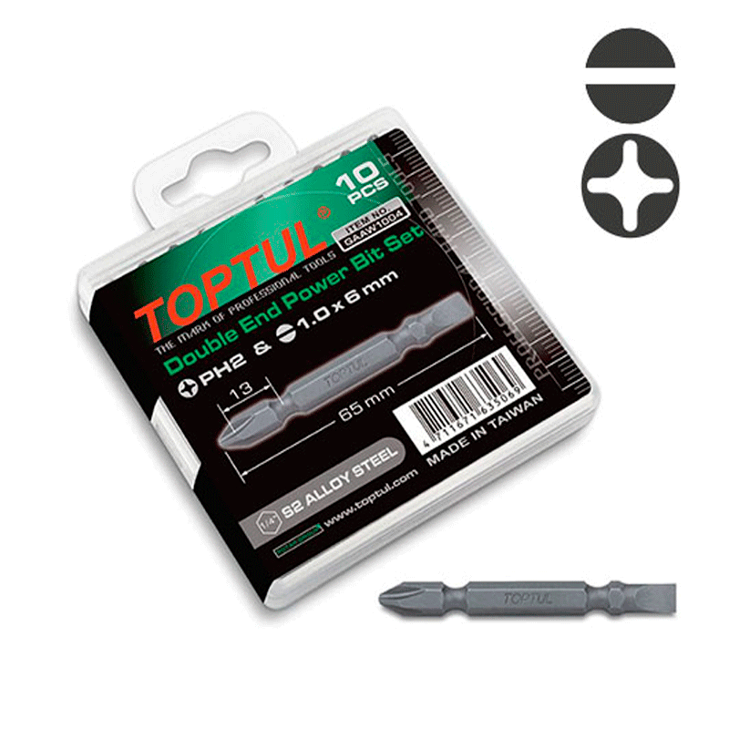 Набор бит TOPTUL 1/4" PH2хSL6 L65мм двухсторонних 10шт. (GAAW1004)