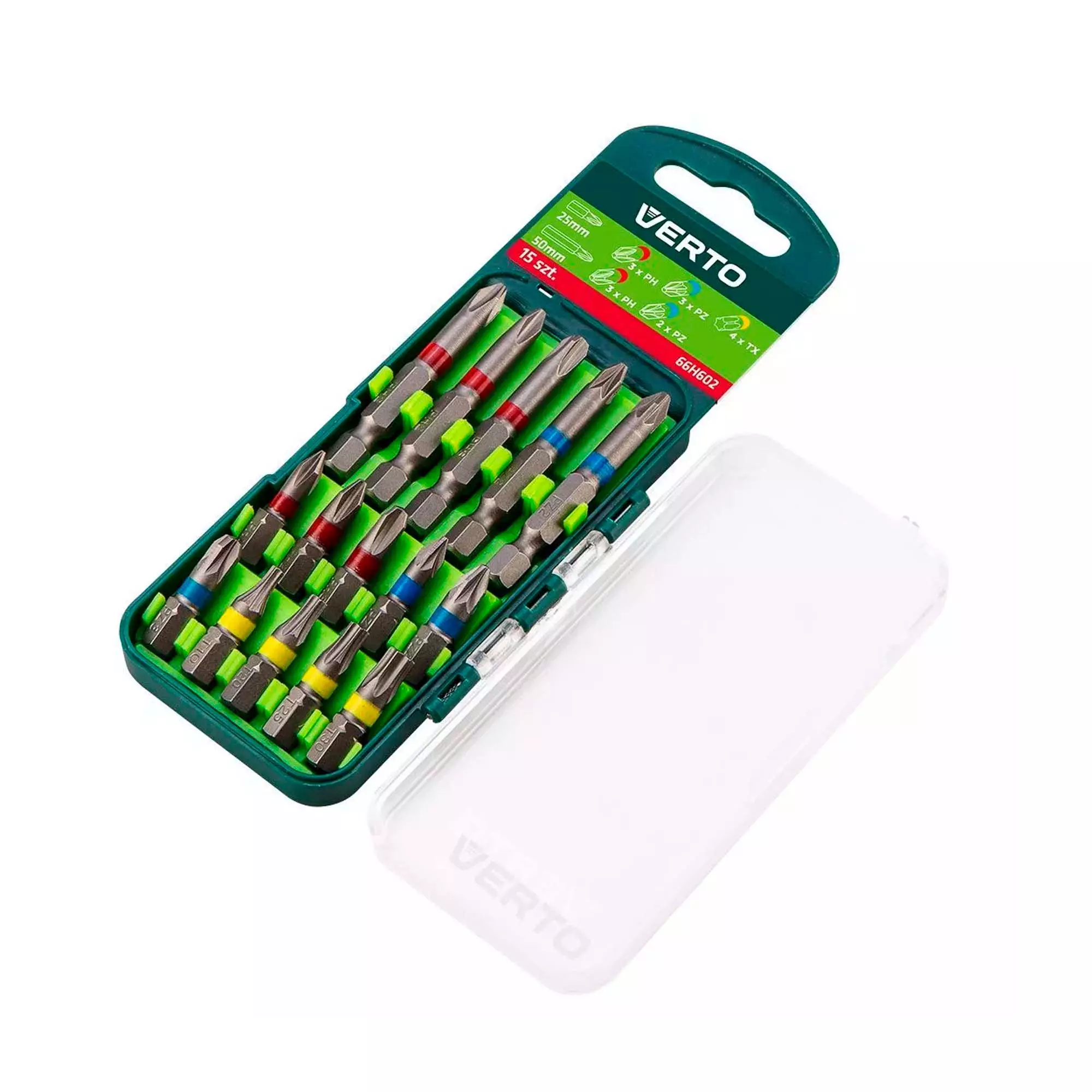 Набор бит VERTO 15 шт., 25 mm - 3 x PH, 3 x PZ, 4 x TX + 50 mm - 3 x PH, 2 x PZ (66H602) Набор бит VERTO 15 шт., 25 mm - 3 x PH, 3 x PZ, 4 x TX + 50 mm - 3 x PH, 2 x PZ (66H602)