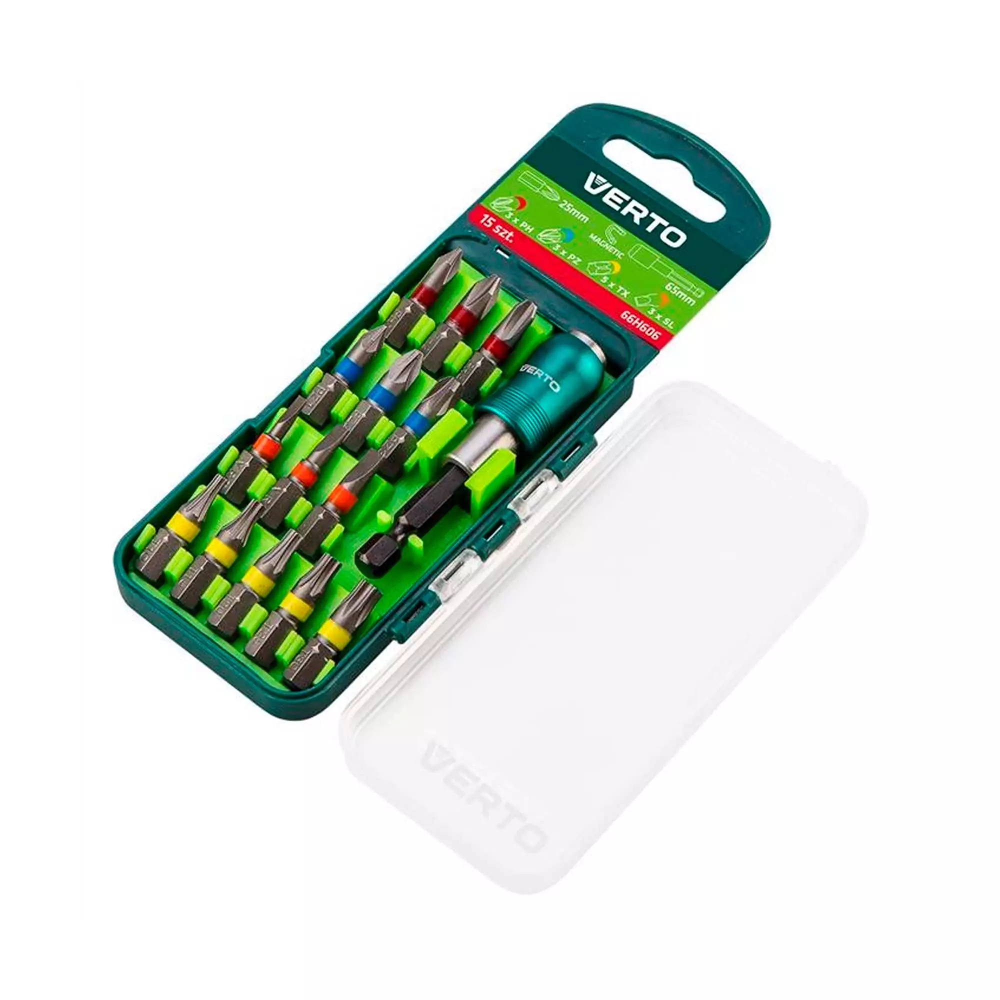 Набор бит VERTO 16 шт., 25 mm - 3 x PH, 3 x PZ, 3 x SL, 5 x TX + держатель насадок (66H606) Набор бит VERTO 16 шт., 25 mm - 3 x PH, 3 x PZ, 3 x SL, 5 x TX + держатель насадок (66H606)
