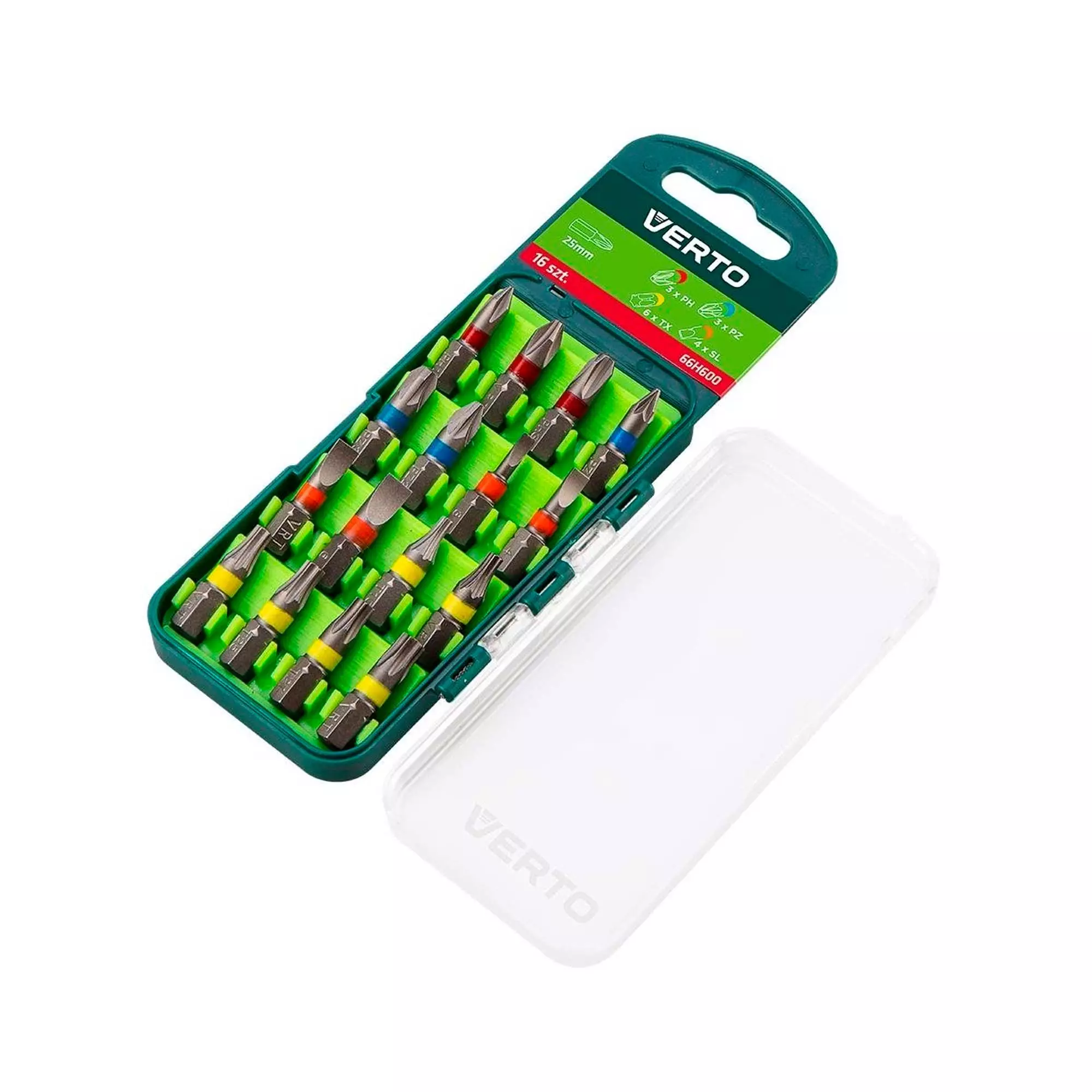 Набор бит VERTO 16 шт., 25 mm – 3 x PH, 3 x PZ, 4 x SL, 6 x TX (66H600) Набор бит VERTO 16 шт., 25 mm – 3 x PH, 3 x PZ, 4 x SL, 6 x TX (66H600)
