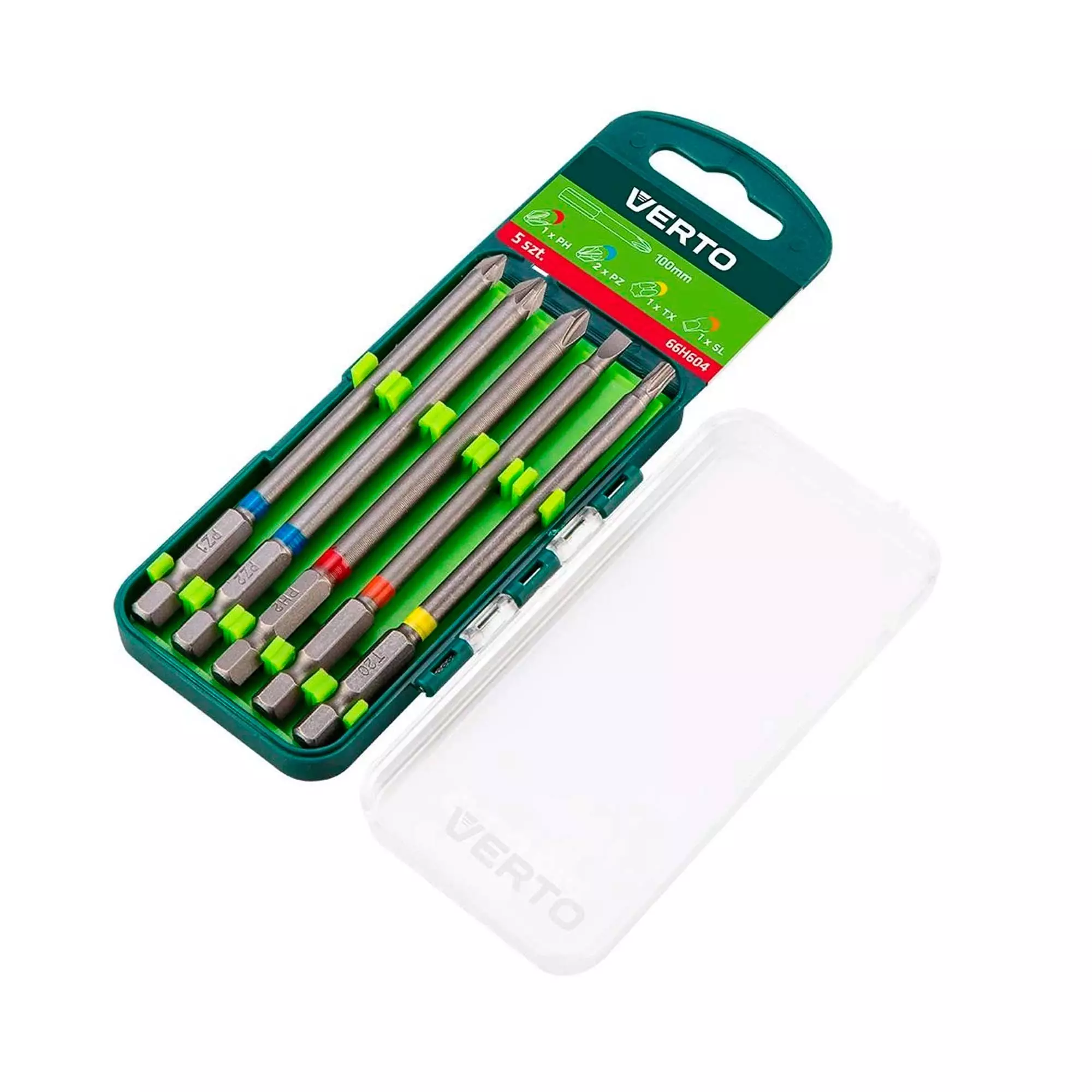 Набор бит VERTO 5 шт., 100 mm - 1 x PH, 2 x PZ, 1 x SL, 1 x TX (66H604) Набор бит VERTO 5 шт., 100 mm - 1 x PH, 2 x PZ, 1 x SL, 1 x TX (66H604)