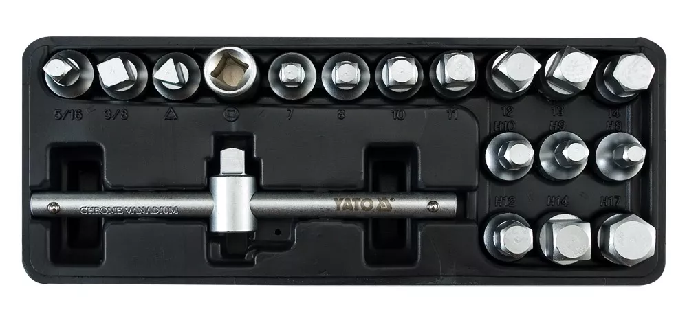 Набор головок для сливных пробок YATO 3/8" 18шт (YT-0599) Набор головок для сливных пробок YATO 3/8" 18шт (YT-0599)