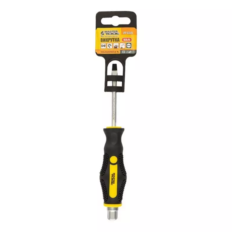 Отвертка ударная Master Tool шлицевая магнитная EXTERNAL HEX SL5*75 мм ручка с TPR покрытием (49-6575) Отвертка ударная Master Tool шлицевая магнитная EXTERNAL HEX SL5*75 мм ручка с TPR покрытием (49-6575)