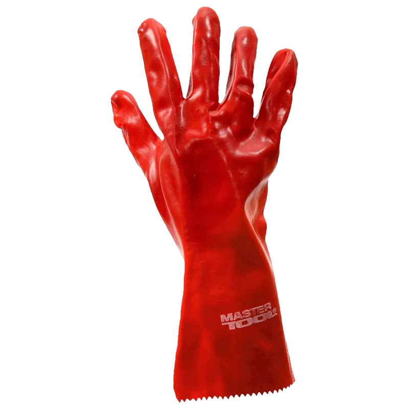 Перчатки кислотостойкие MASTER TOOL х/б трикотаж, полноеПВХ покрытие, манжет крага(красные)350мм,10,5" (83-0502)
