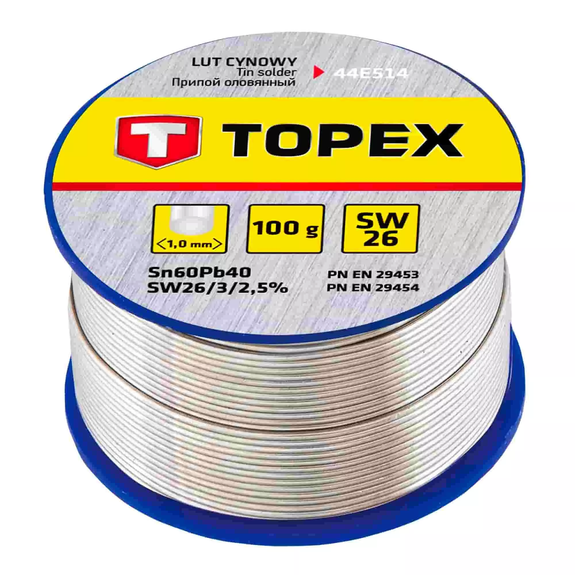 Припій TOPEX олов'яний 60% Sn, дріт 1.0 мм, 100 г (44E514) Припій TOPEX олов'яний 60% Sn, дріт 1.0 мм, 100 г (44E514)