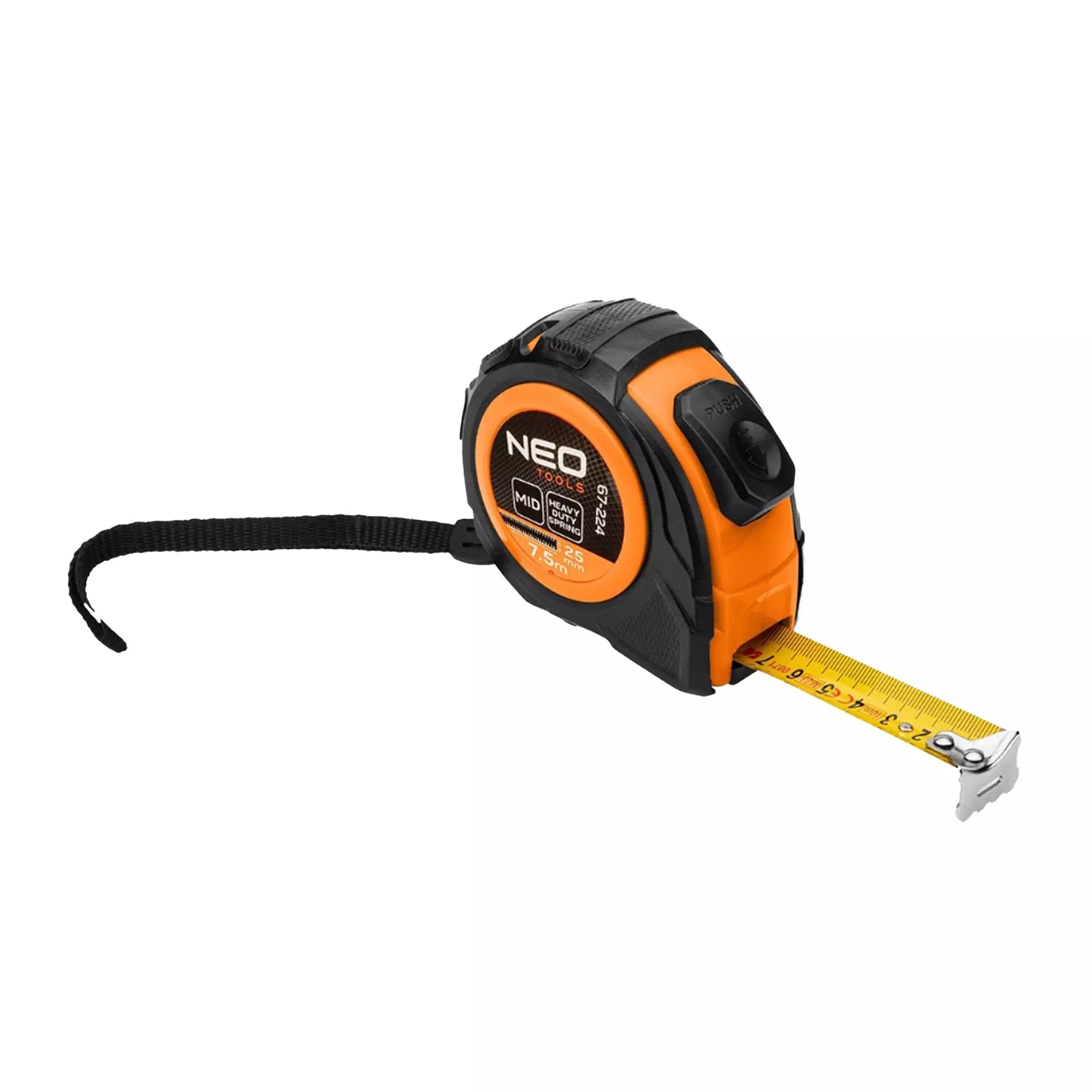 Рулетка NEO TOOLS рулонная стальная 7,5 м х 25 мм, автоблокировка, две кнопки стоп (67-224)