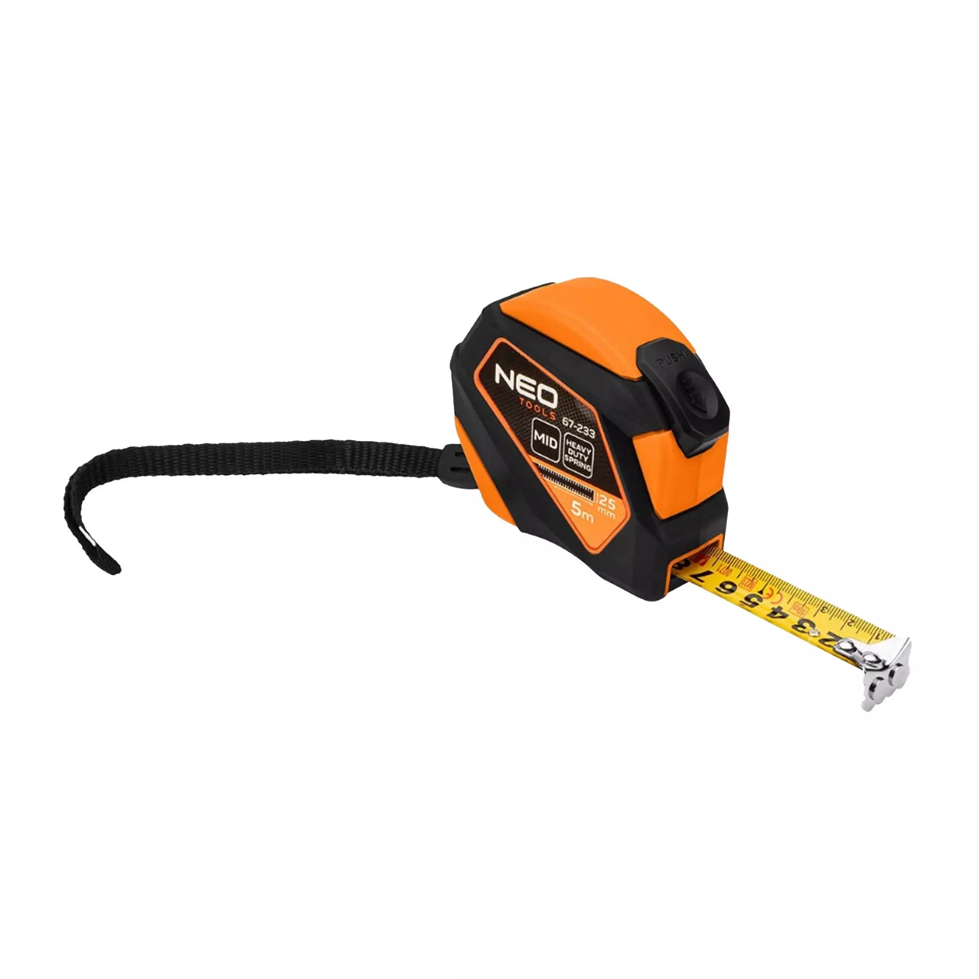 Рулетка NEO TOOLS рулонная стальная 5 м х 25 мм, автоблокировка, кнопка стоп, магнит (67-233)