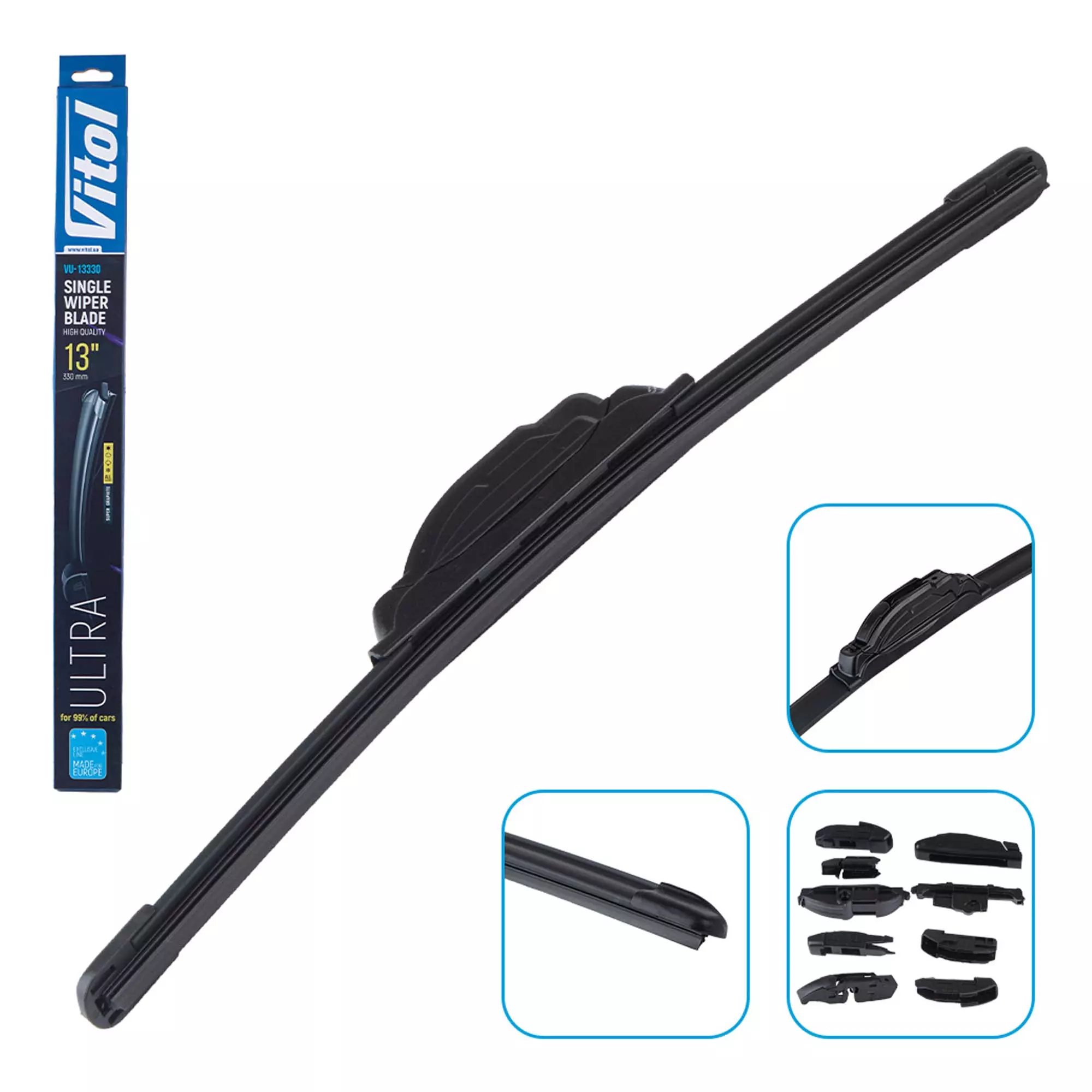 Щетка стеклоочистителя бескаркасная VITOL ULTRA 13" - 330 мм (9 адаптеров) (VU-13330)