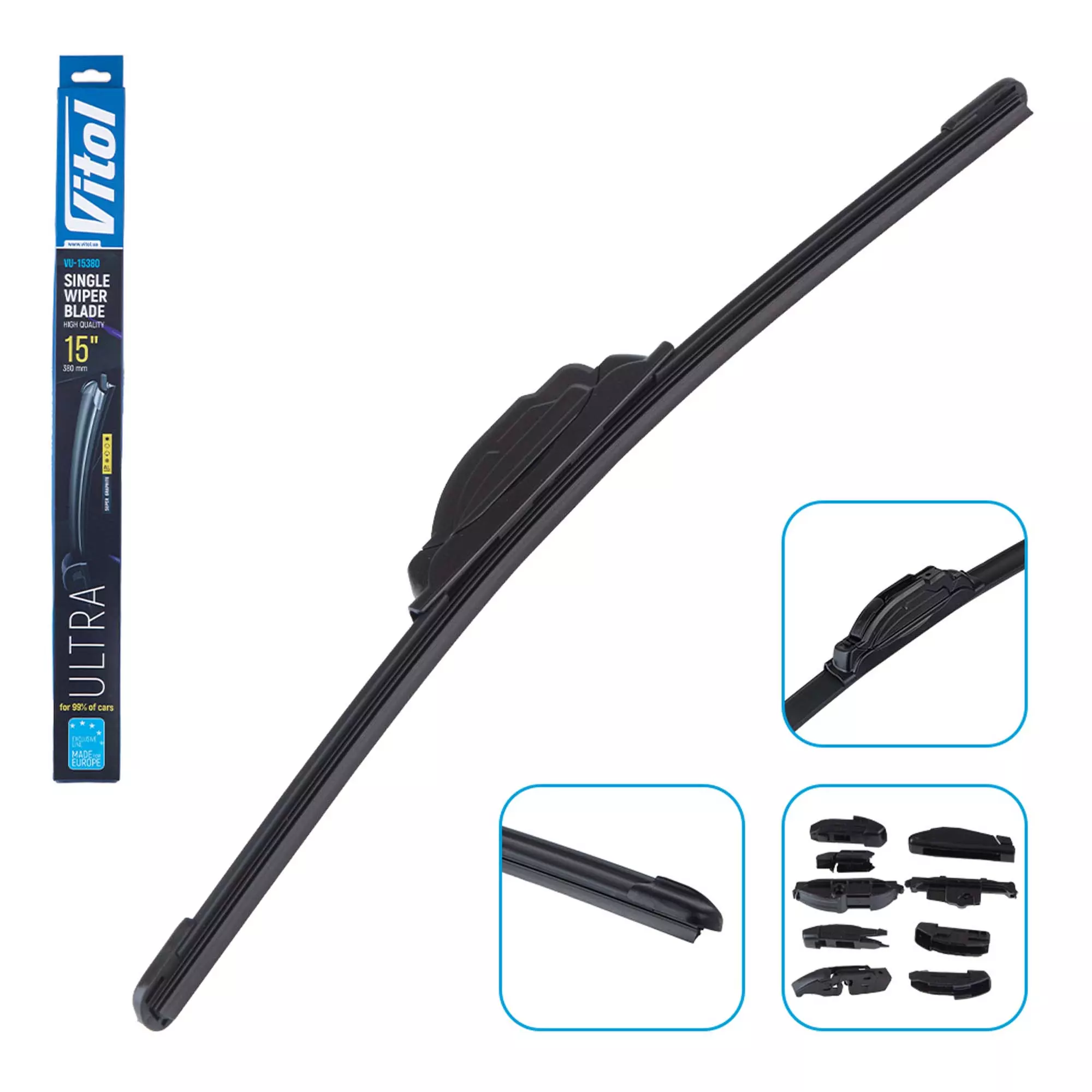 Щітка склоочисника безкаркасна VITOL ULTRA 15" - 380 мм (9 адаптерів) (VU-15380)