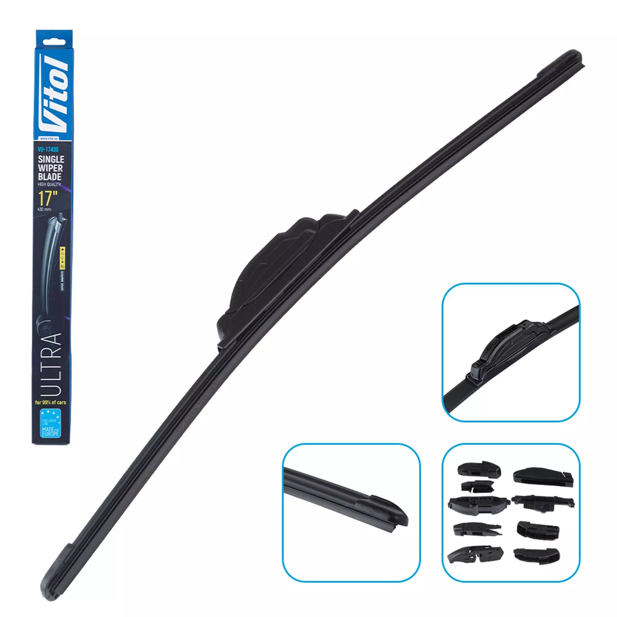 Щетка стеклоочистителя бескаркасная VITOL ULTRA 17" - 430 мм (9 адаптеров) (VU-17430)