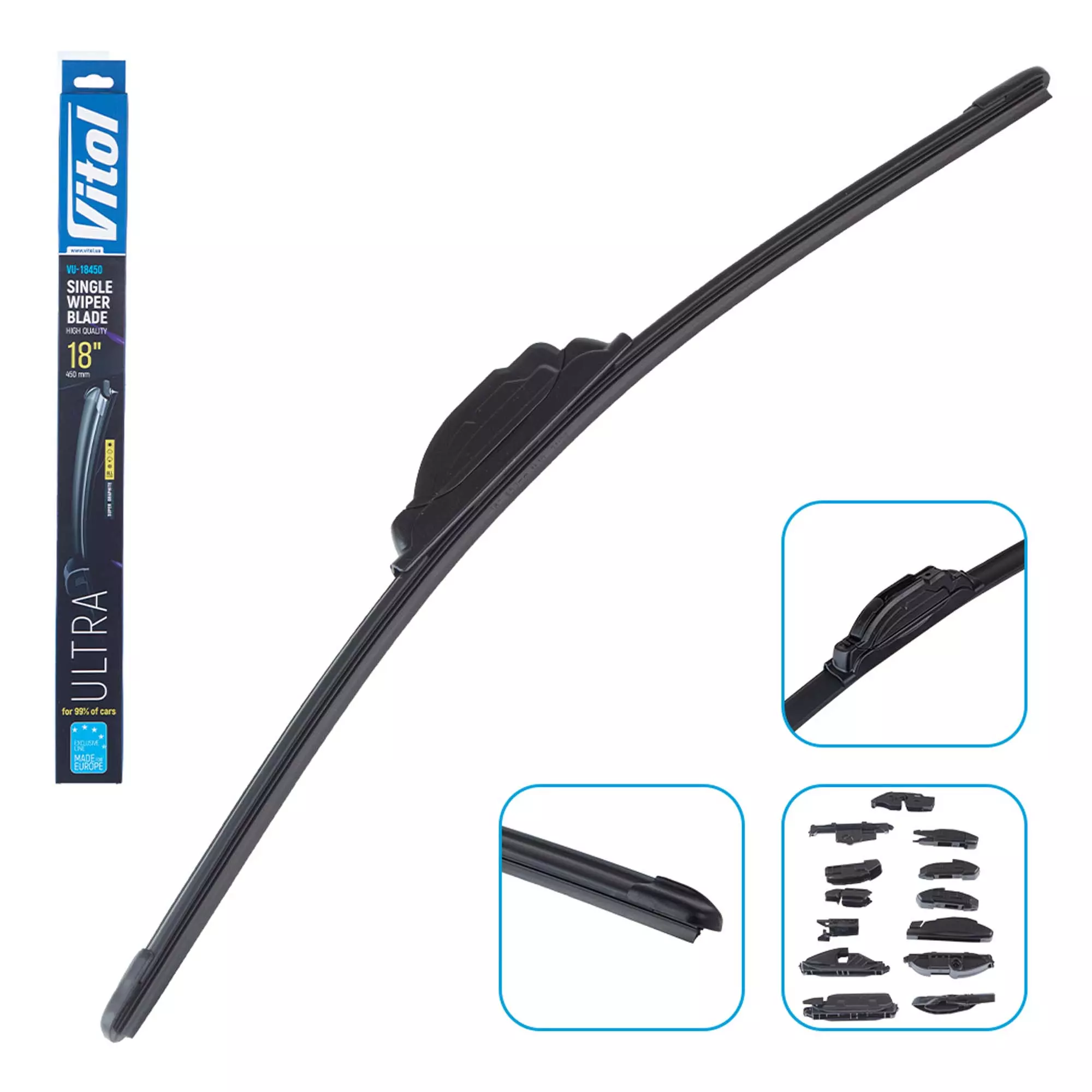 Щетка стеклоочистителя бескаркасная VITOL ULTRA 18" - 450 мм (13 адаптеров) (VU-18450)