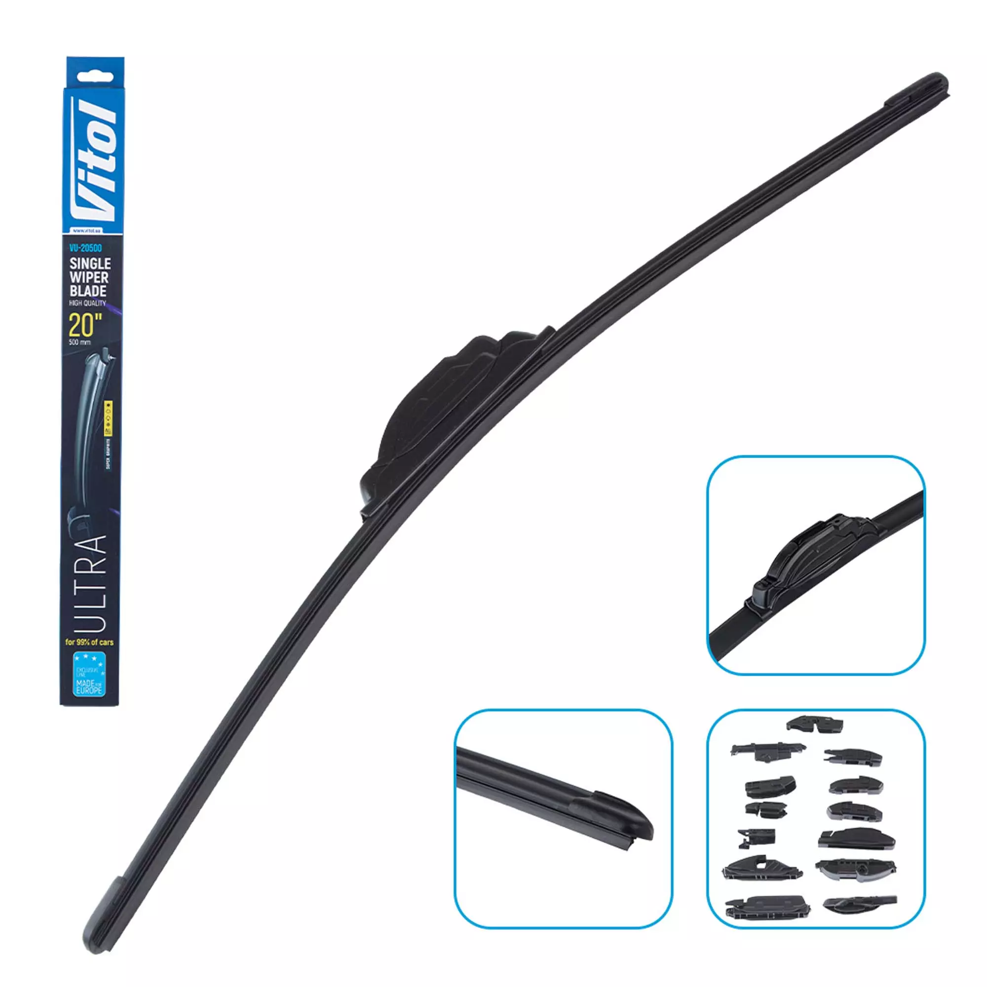 Щетка стеклоочистителя бескаркасная VITOL ULTRA 20" - 500 мм (13 адаптеров) (VU-20500)