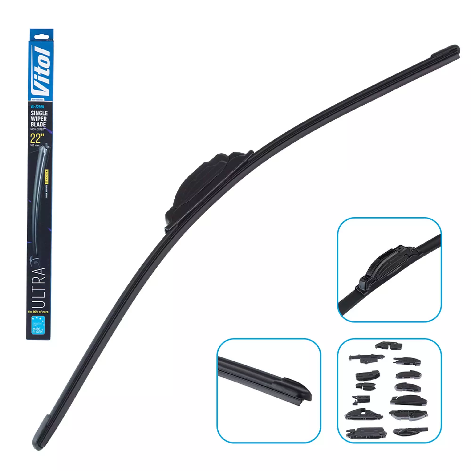 Щетка стеклоочистителя бескаркасная VITOL ULTRA 22" - 560 мм (13 адаптеров) (VU-22560)