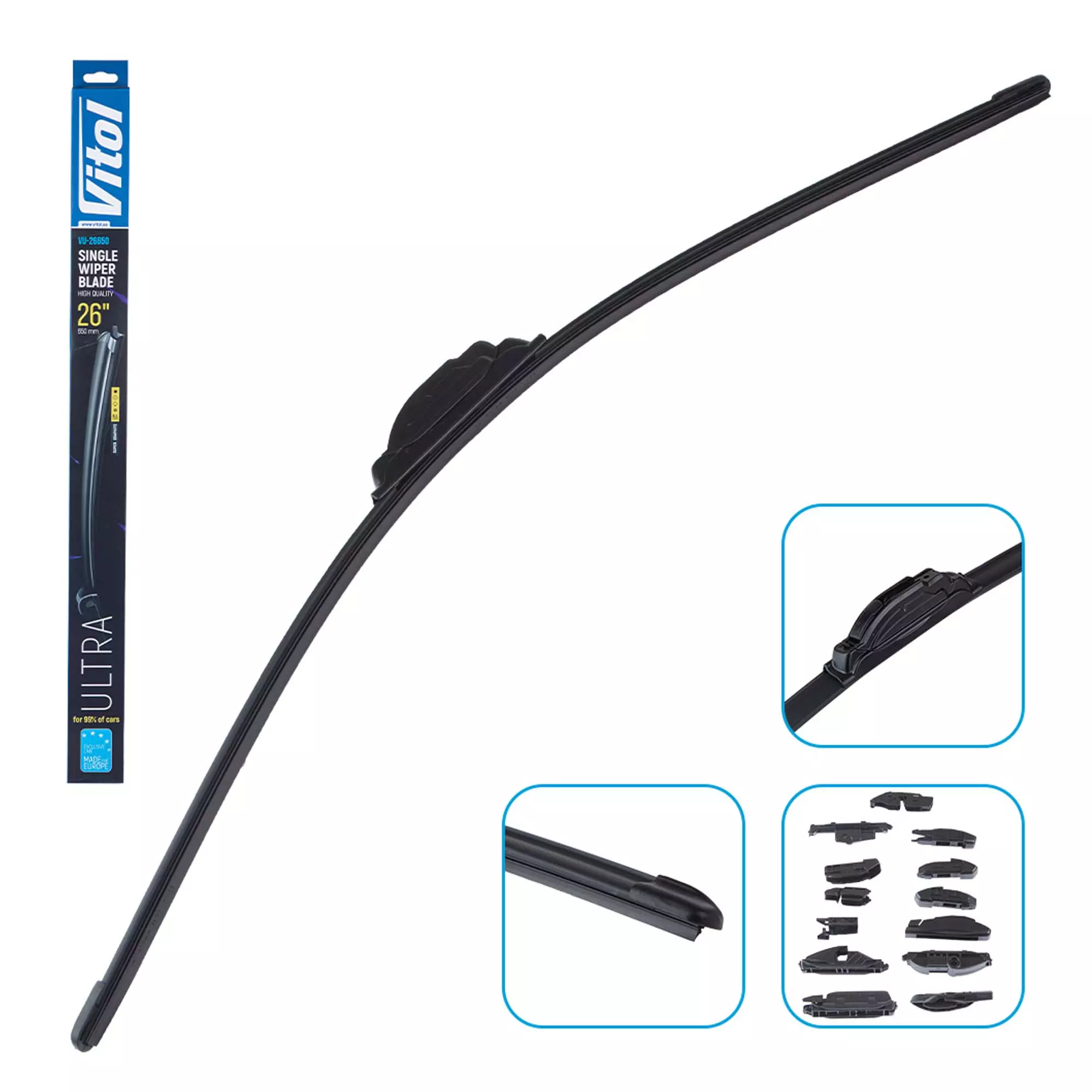 Щетка стеклоочистителя бескаркасная VITOL ULTRA 26" - 650 мм (13 адаптеров) (VU-26650)
