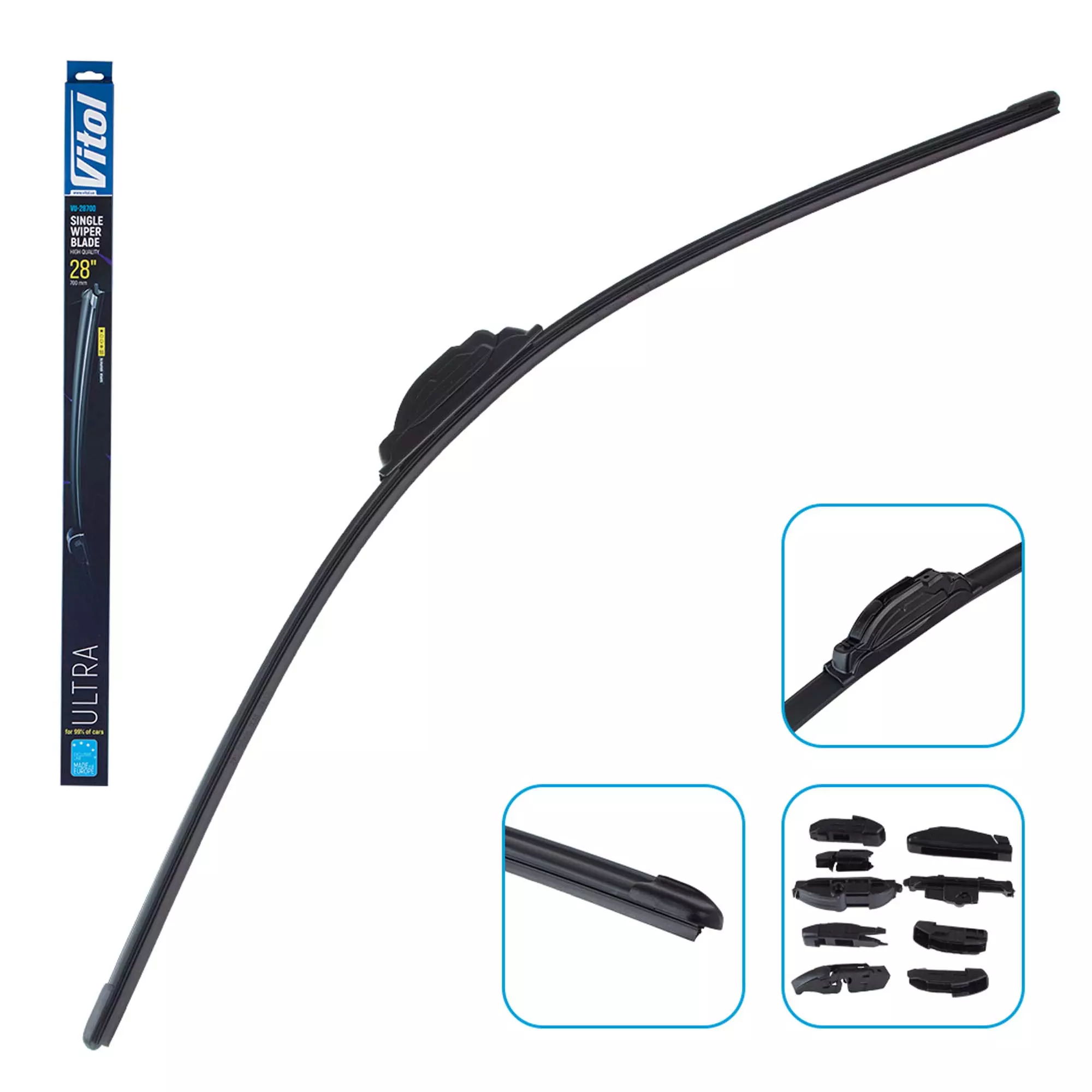 Щетка стеклоочистителя бескаркасная VITOL ULTRA 28" - 700 мм (9 адаптеров) (VU-28700)