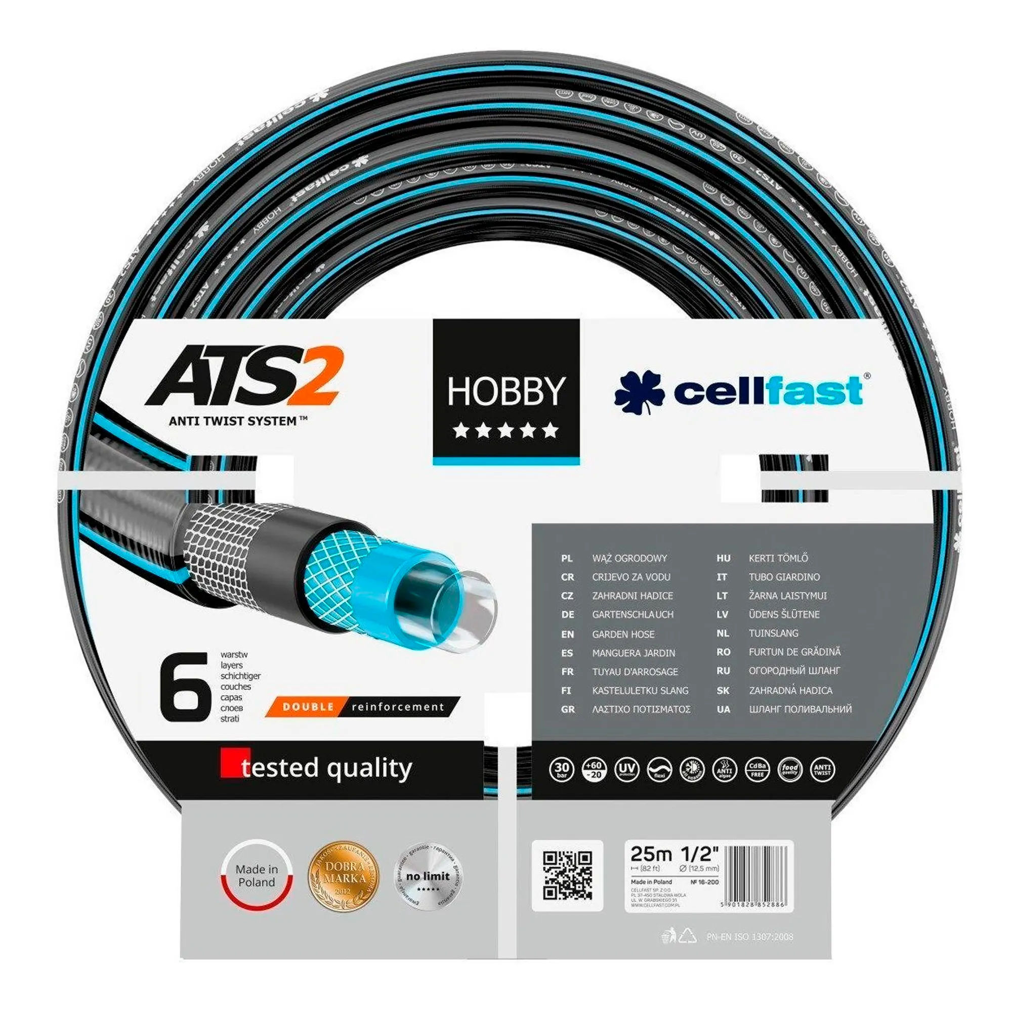 Шланг садовый Cellfast Hobby ATS 1/2" 25м 6 слоев 30бар -20+60°C (16-200) Шланг садовый Cellfast Hobby ATS 1/2" 25м 6 слоев 30бар -20+60°C (16-200)