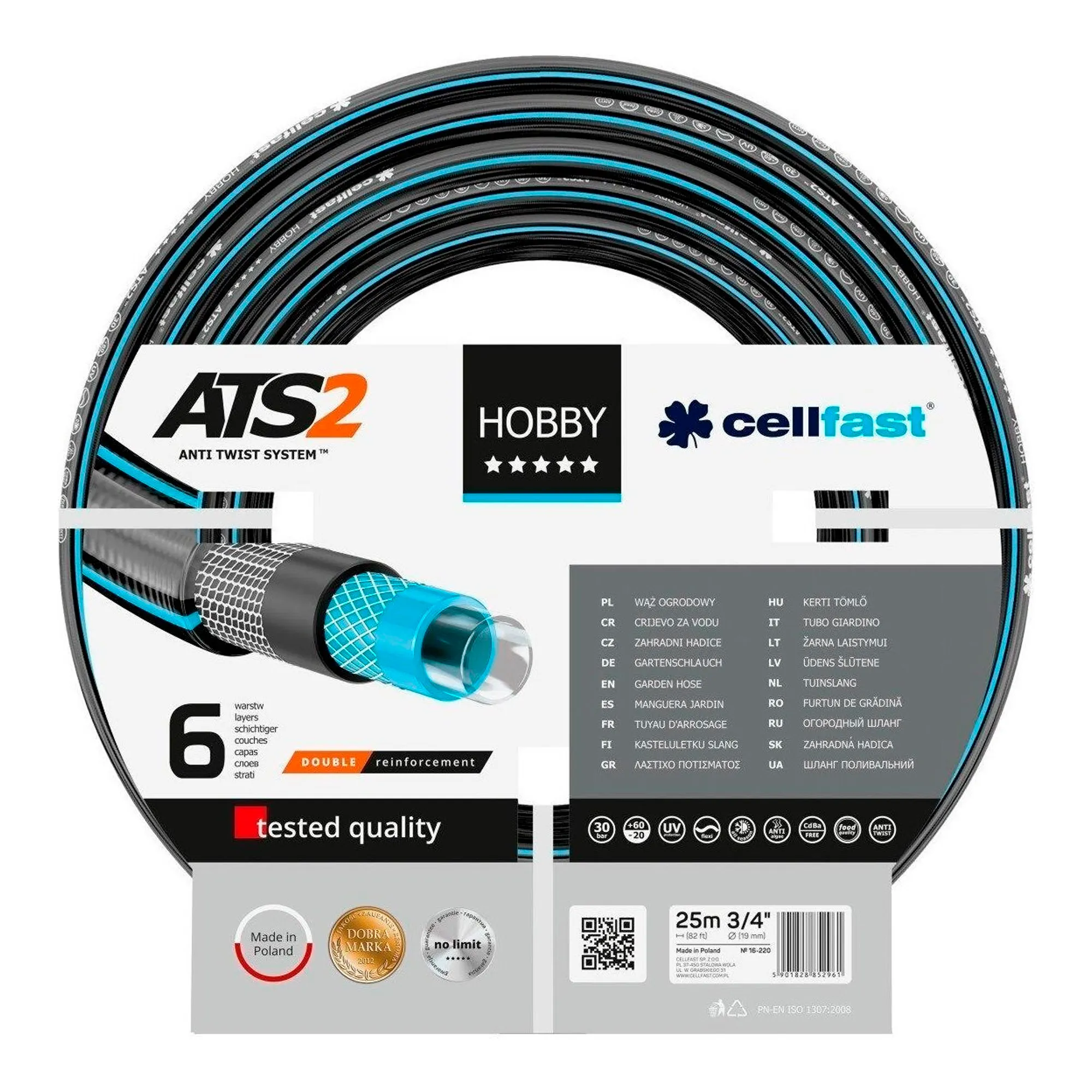 Шланг садовый Cellfast Hobby ATS 3/4' 25м 6 слоев 30бар -20+60°C (16-220) Шланг садовый Cellfast Hobby ATS 3/4' 25м 6 слоев 30бар -20+60°C (16-220)