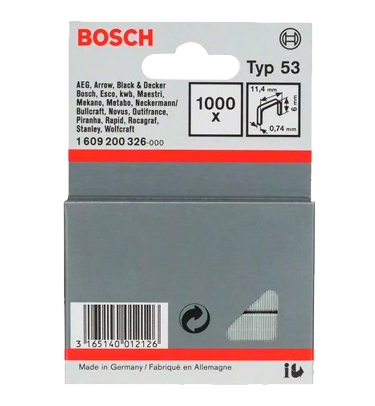 Скоби Bosch тип 53, 6 мм, 1000 шт. (1609200326) Скоби Bosch тип 53, 6 мм, 1000 шт. (1609200326)