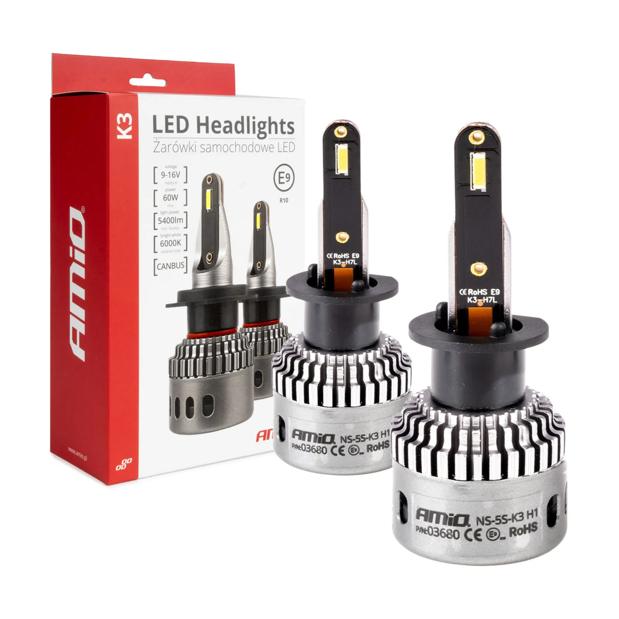 Светодиодные фары AMIO K3 H1 canbus 6000K 9-16V 60W (03680)
