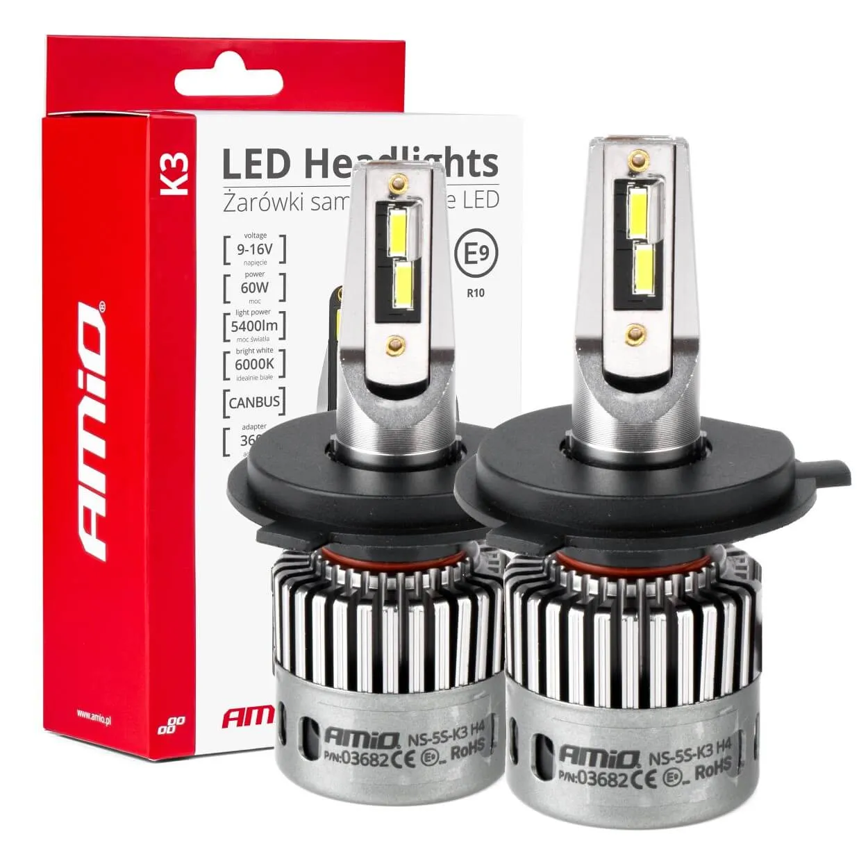 Светодиодные фары AMIO K3 H4/H19 canbus 600K 9-16V 60W (03682)