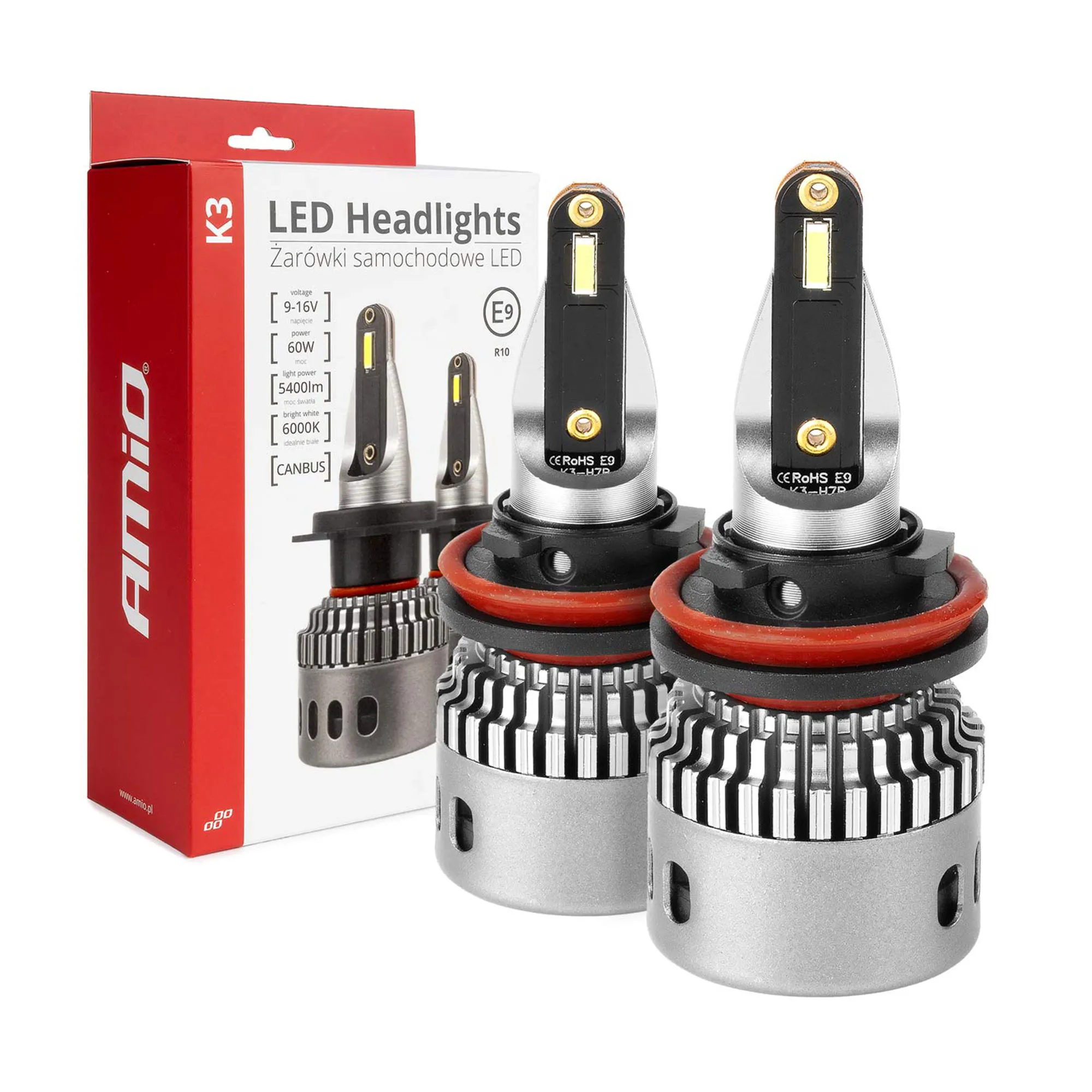 Светодиодные фары AMIO K3 H8 H9 H11 H16 canbus 6000K 9-16V 60W (03686)