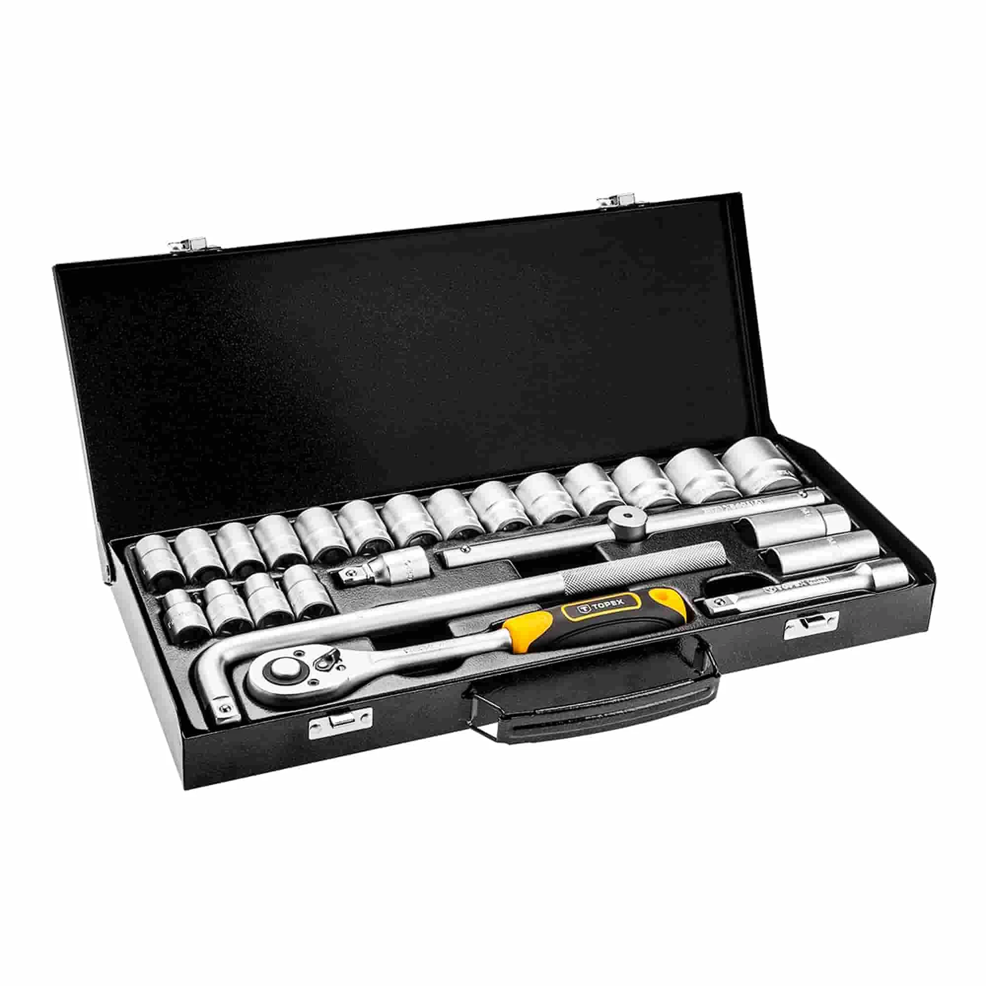 Торцевые ключи TOPEX 25 штук, 1/2 ", металлический кейс (38D850) Торцевые ключи TOPEX 25 штук, 1/2 ", металлический кейс (38D850)