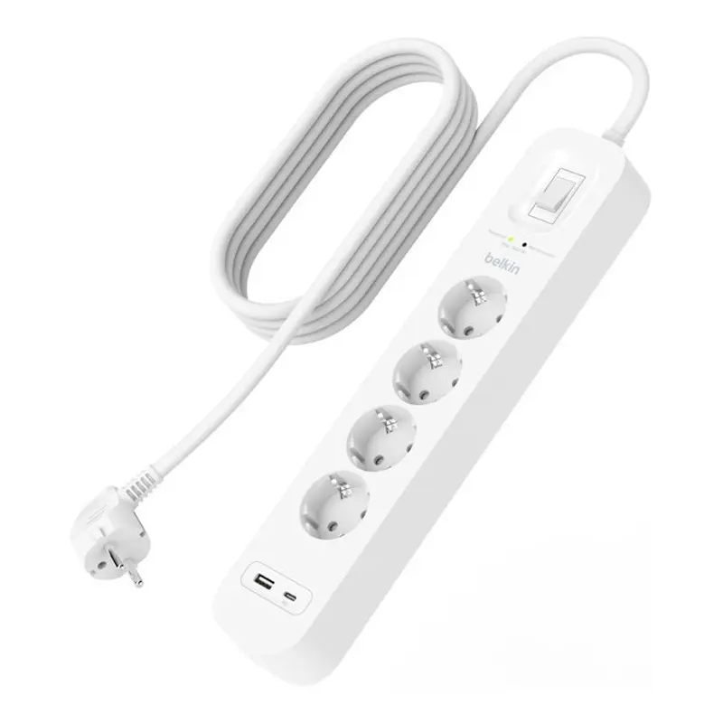 Подовжувач-фільтр мережевий Belkin 4хТип F 3x1.5мм кв 16А USB-A/USB-C 18Вт 2м білий (SRB001VF2M)