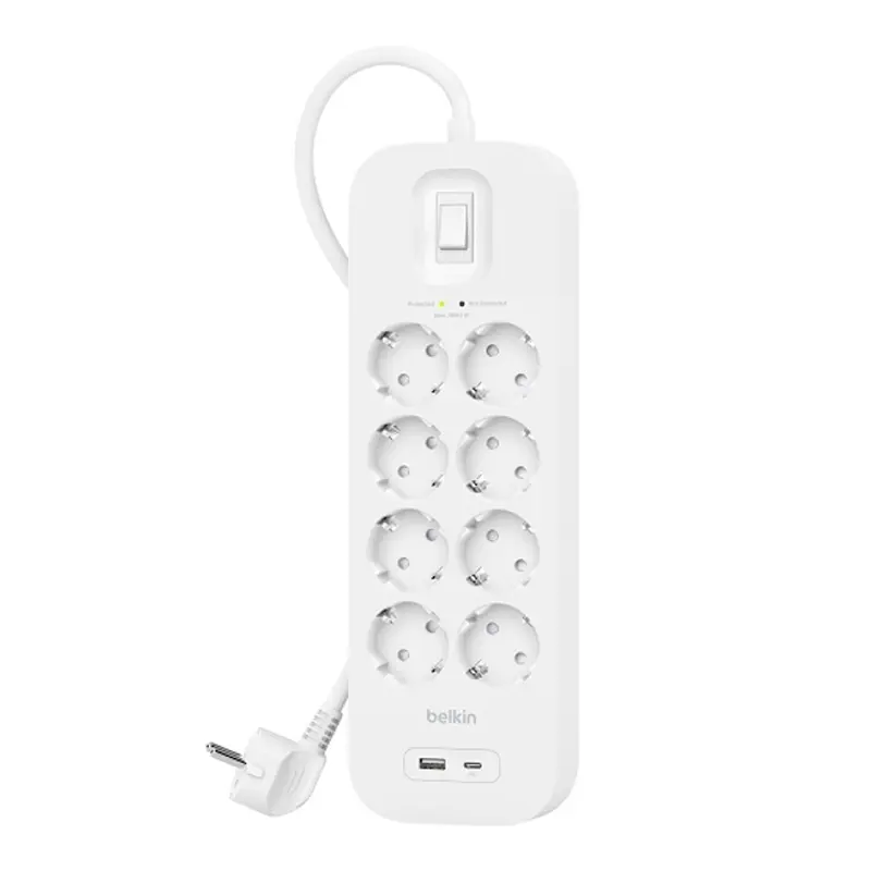 Подовжувач-фільтр мережевий Belkin 8хТип F 3x1.5мм кв 16А USB-A/USB-C 18Вт з захистом 2м білий Подовжувач-фільтр мережевий Belkin 8хТип F 3x1.5мм кв 16А USB-A/USB-C 18Вт з захистом 2м білий