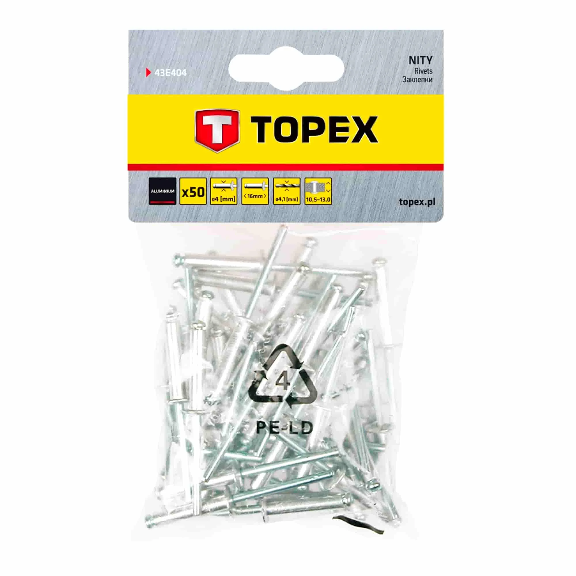 Заклепки TOPEX алюмінієві 4.0 мм х 16 мм, 50 шт.*1 уп. (43E404) Заклепки TOPEX алюмінієві 4.0 мм х 16 мм, 50 шт.*1 уп. (43E404)