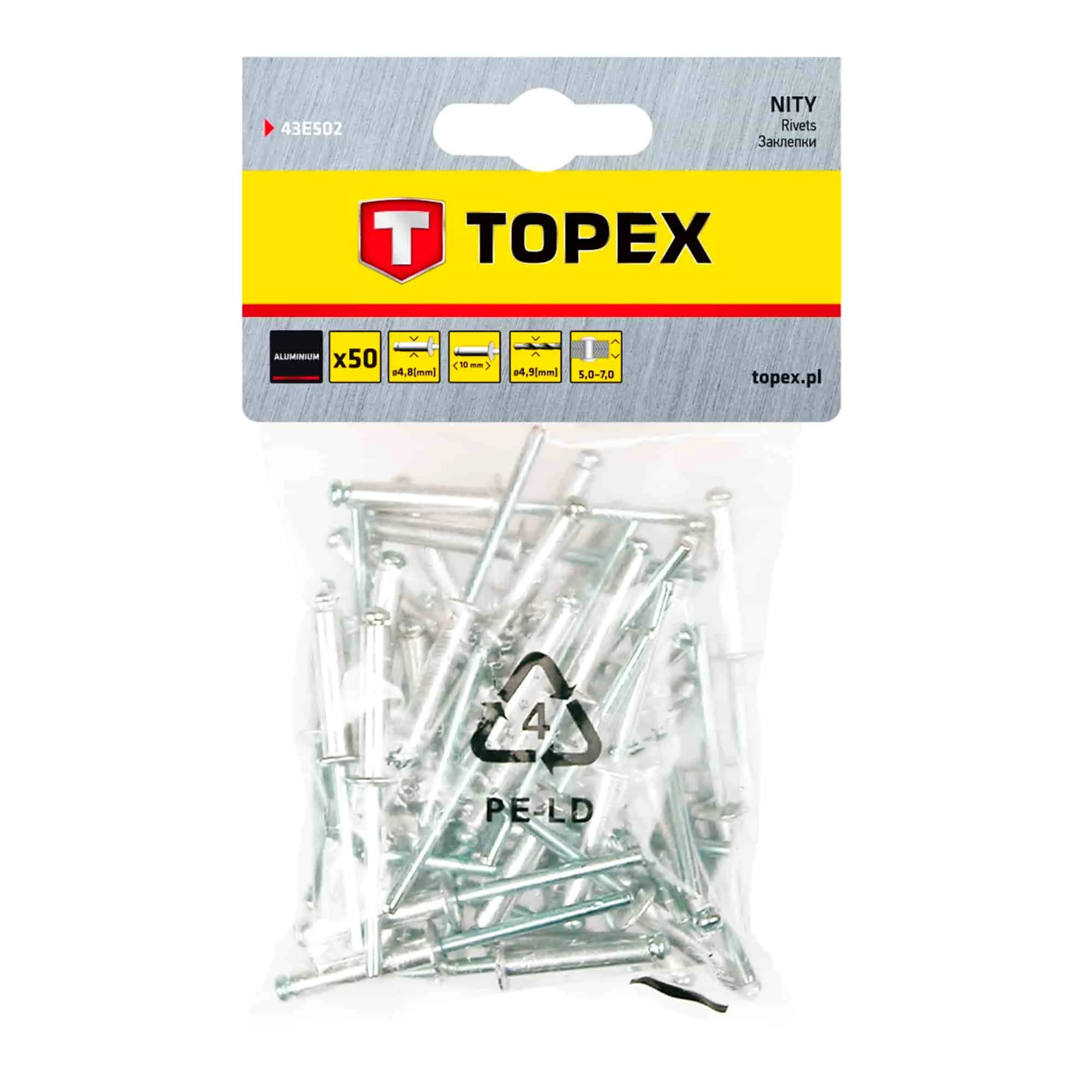 Заклепки TOPEX алюминиевые 4.8 мм x 10 мм, 50 шт.*1 уп. (43E502) Заклепки TOPEX алюминиевые 4.8 мм x 10 мм, 50 шт.*1 уп. (43E502)