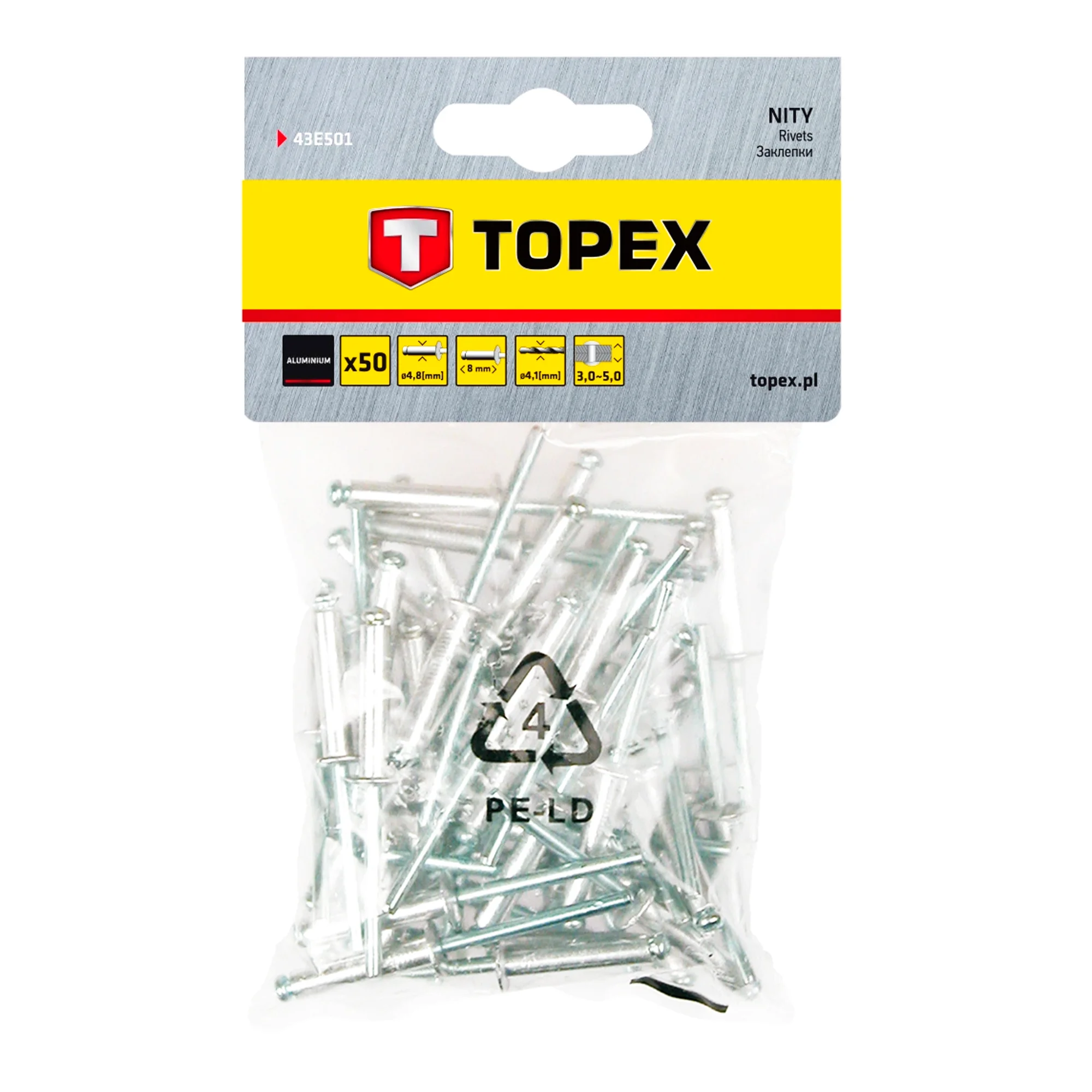 Заклепки TOPEX алюминиевые 4.8 мм x 8 мм, 50 шт.*1 уп. (43E501) Заклепки TOPEX алюминиевые 4.8 мм x 8 мм, 50 шт.*1 уп. (43E501)