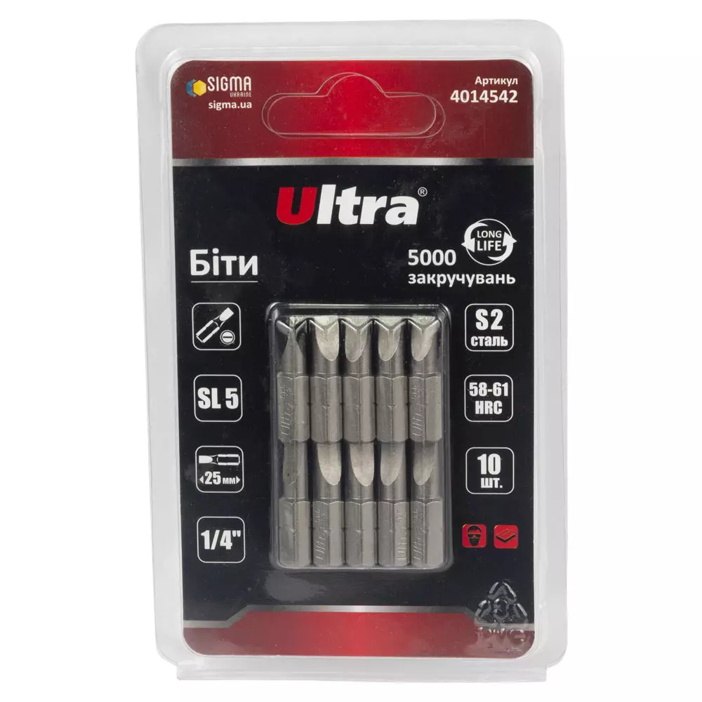 Біти ULTRA SL5х25мм ¼" 10 шт S2 блістер (4014542) Біти ULTRA SL5х25мм ¼" 10 шт S2 блістер (4014542)