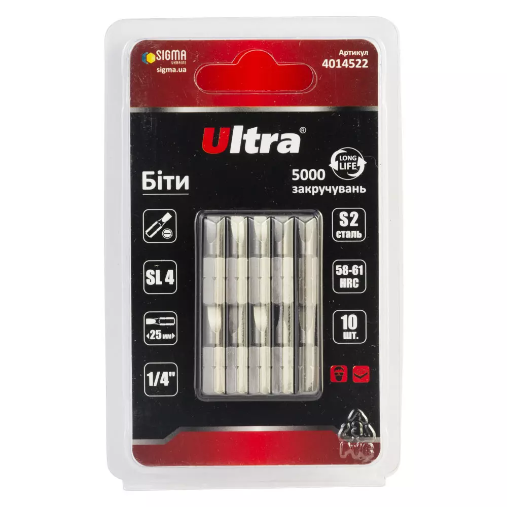 Біти ULTRA SL4х25мм ¼" 10 шт S2 блістер (4014522) Біти ULTRA SL4х25мм ¼" 10 шт S2 блістер (4014522)
