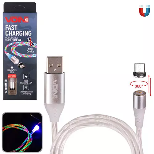 Кабель магнітний VOIN Multicolor LED USB - Micro USB 3А, 2m (VC-1602M RB)