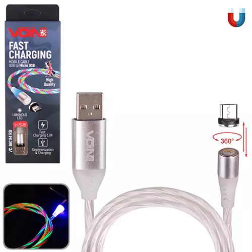 Кабель магнитный VOIN Multicolor LED USB - Micro USB 3А, 1m, black (VC-1601M RB) Кабель магнитный VOIN Multicolor LED USB - Micro USB 3А, 1m, black (VC-1601M RB)