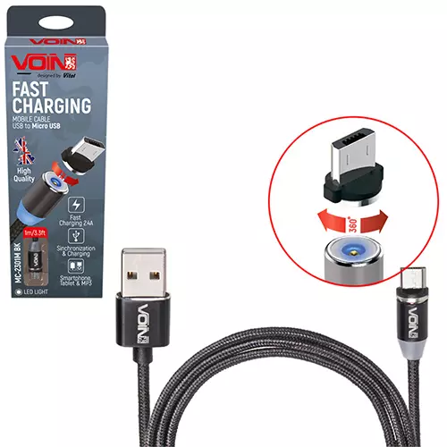 Кабель магнітний VOIN USB - Micro USB 2,4А, 1m, black (MC-2301M BK)