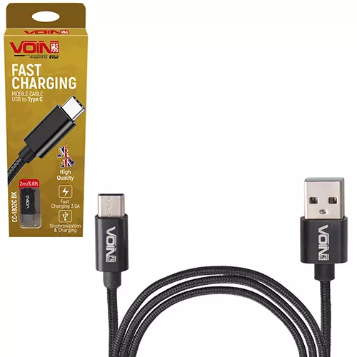 Кабель VOIN USB - Type C 3А 2m black (CC-1802C BK)