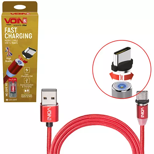 Кабель магнитный VOIN USB - Type C 2,4А, 1m, red (MC-2301C RD) Кабель магнитный VOIN USB - Type C 2,4А, 1m, red (MC-2301C RD)