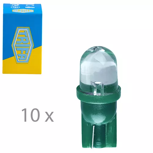 Лампа LED пластиковий цоколь Trifa 12V 0,27W W2, 1x9, 5d T10 20mA green (02802) Лампа LED пластиковий цоколь Trifa 12V 0,27W W2, 1x9, 5d T10 20mA green (02802)