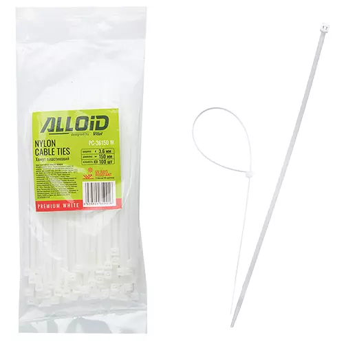 Хомут пластиковий Alloid 36 х 150 100 шт білий (PC-36150 W) Хомут пластиковий Alloid 36 х 150 100 шт білий (PC-36150 W)