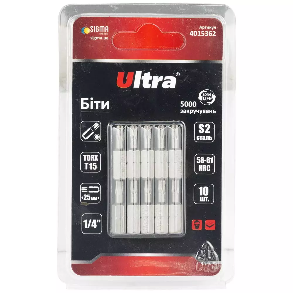Биты ULTRA TORX 15х25мм ¼" 10 шт S2 блистер (4015362) Биты ULTRA TORX 15х25мм ¼" 10 шт S2 блистер (4015362)