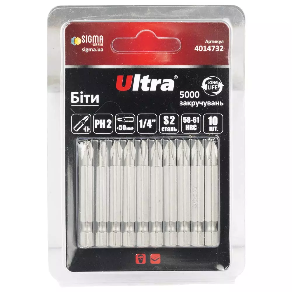 Биты ULTRA PH2х50мм ¼" 10 шт S2 блистер (4014732) Биты ULTRA PH2х50мм ¼" 10 шт S2 блистер (4014732)